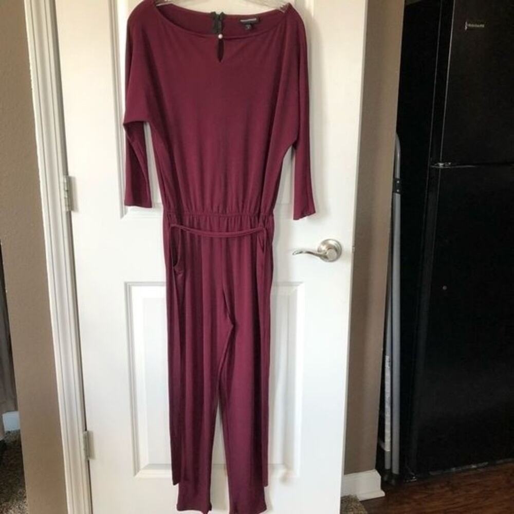 NINA LEONARD Jumpsuit‎ Womens Medium M Wine Red Stretch Waist Belted Half Sleeve